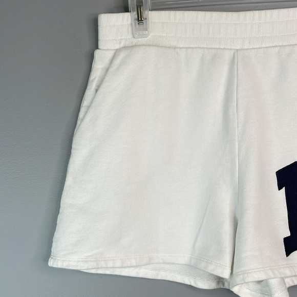 Zara NY Varsity Sweat Shorts White Navy Blue Elastic Waistband High Waist Size L - Picture 3 of 11